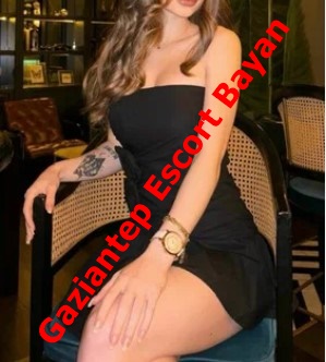 Promotional photo of a woman in a black strapless dress sitting in a bar; red text across reads 'Gaziantep Escort Bayan'.